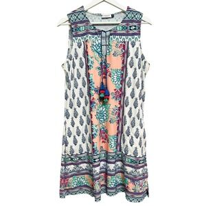 Cabana Life Dress Womens Large Multicolor Paisley V Neck Tassel Shift Sleeveless